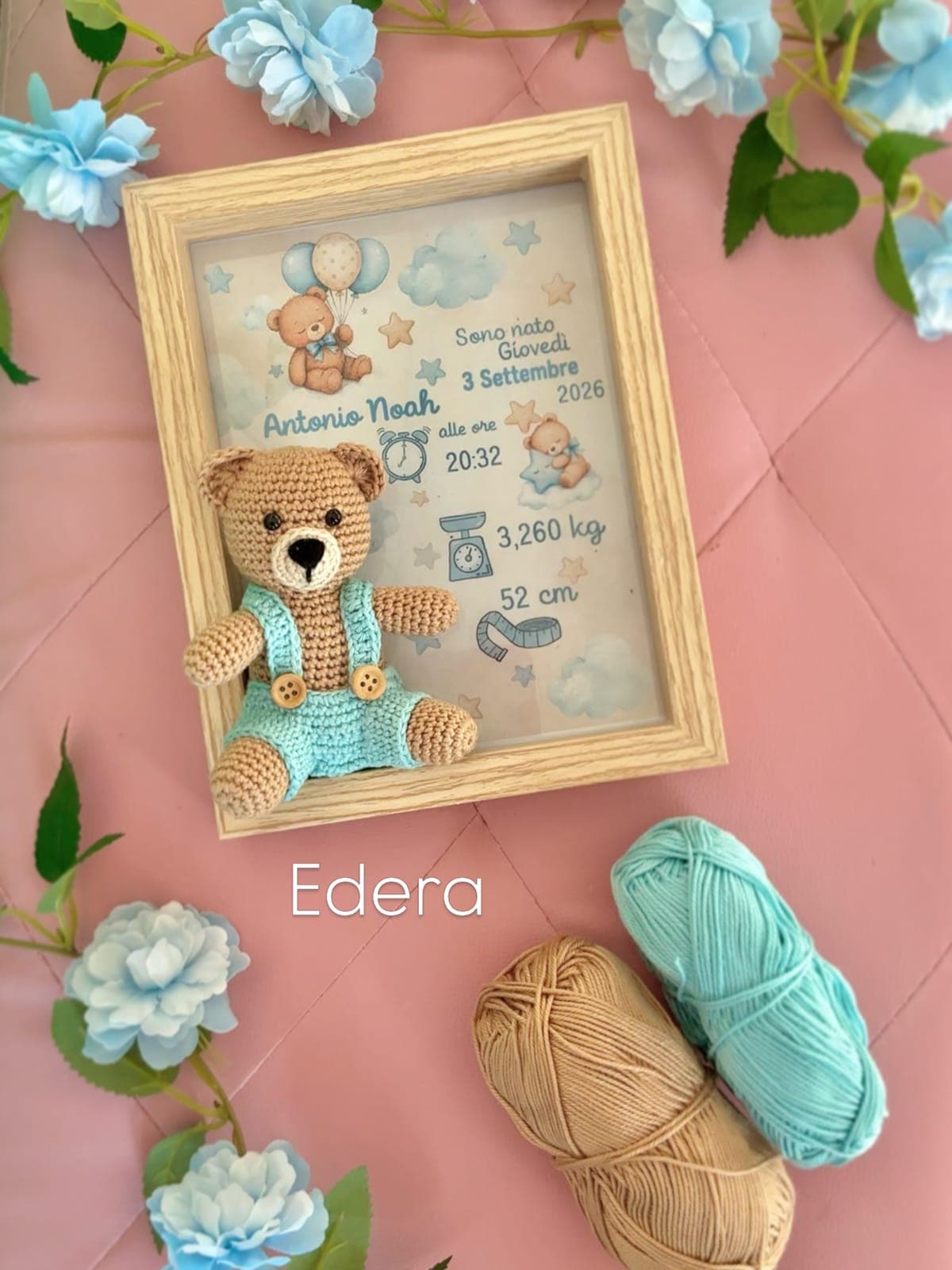 Birth frame for Antonio Noah with date, time, weight and length and a teddy in dungarees