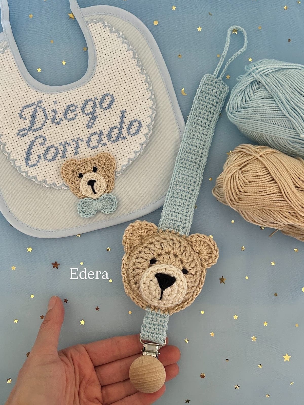 Bib with the name Diego Corrado and a crochet teddy pacifier clip