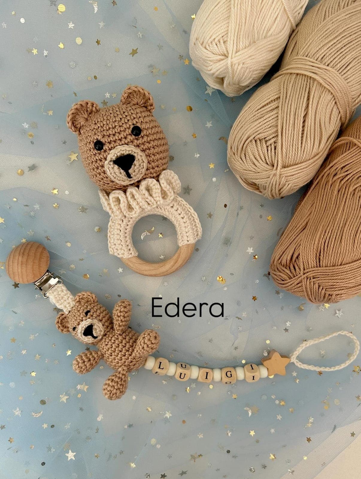 Crochet teddy bear rattle with a matching pacifier clip